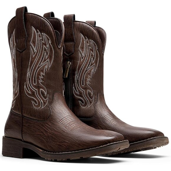 Jousen Mens Amy8420-darkbrown Embroidery Retro Square Toe Chunky Heeled Boots - Picture 2 of 8